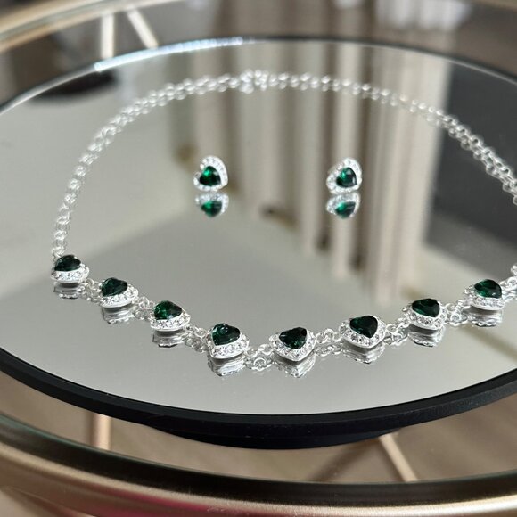 Sterling Silver 925 Choker Heart Green Zircons Stunning Set & Earrings - Picture 2 of 12